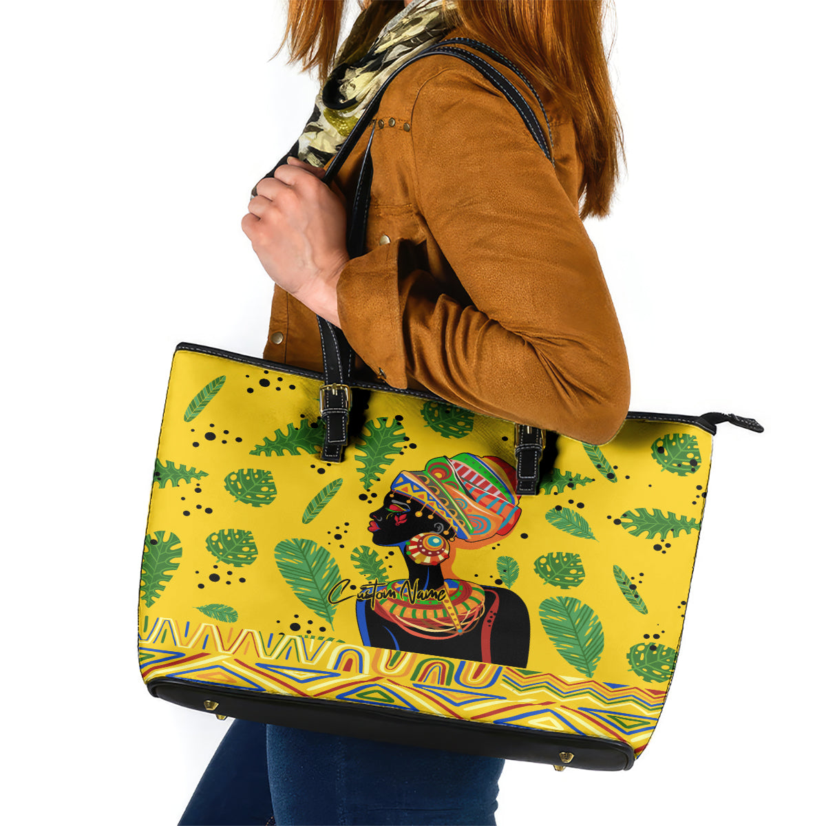 Personalized Africa Woman Leather Tote Bag Tropical Style