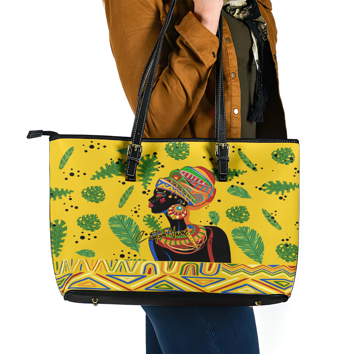Personalized Africa Woman Leather Tote Bag Tropical Style - Wonder Print Shop