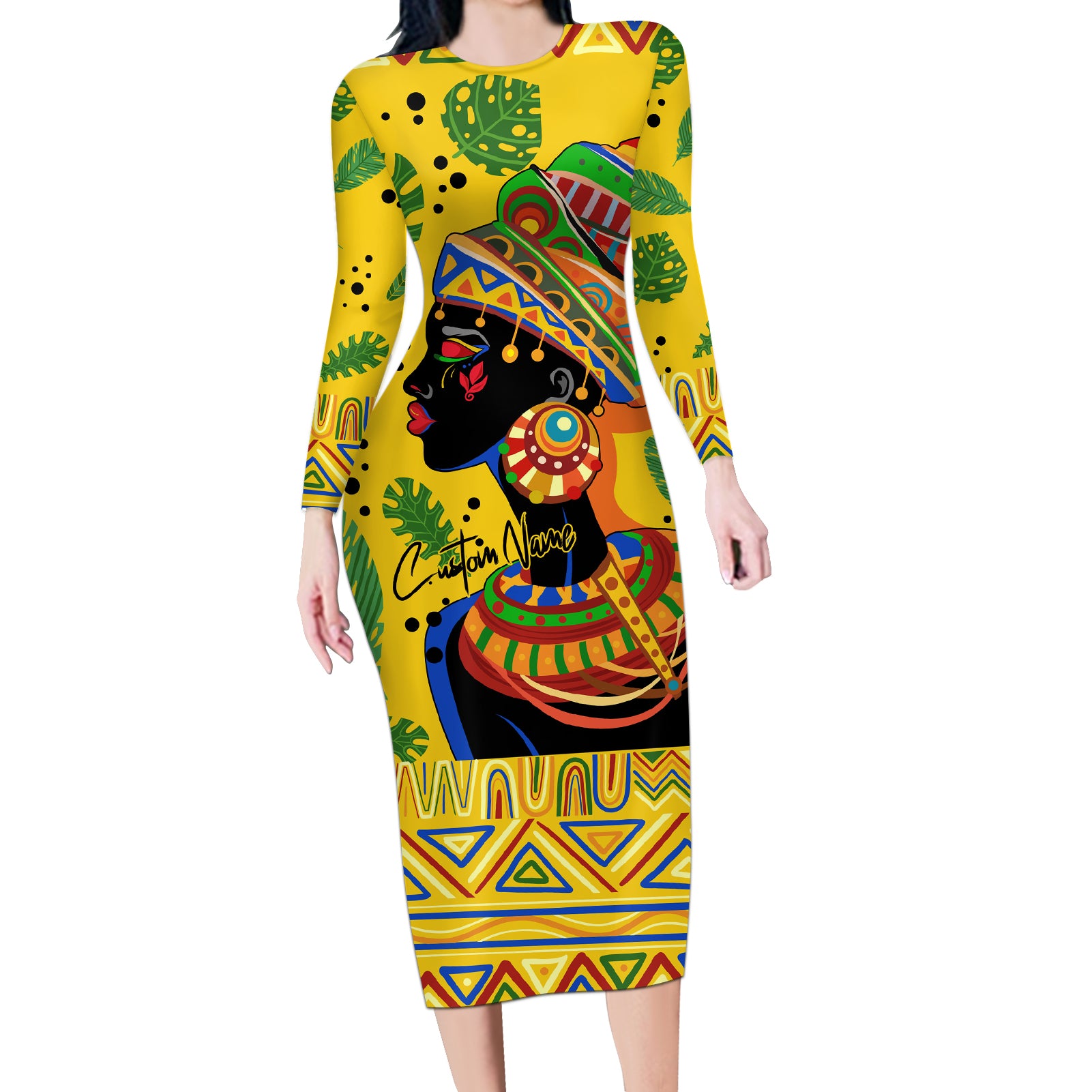Personalized Africa Woman Long Sleeve Bodycon Dress Tropical Style - Wonder Print Shop