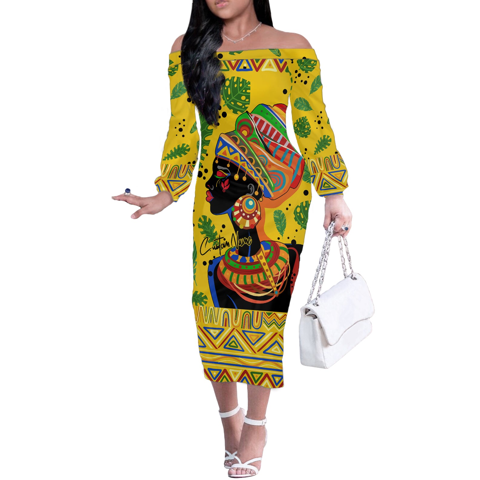 Personalized Africa Woman Off The Shoulder Long Sleeve Dress Tropical Style - Wonder Print Shop