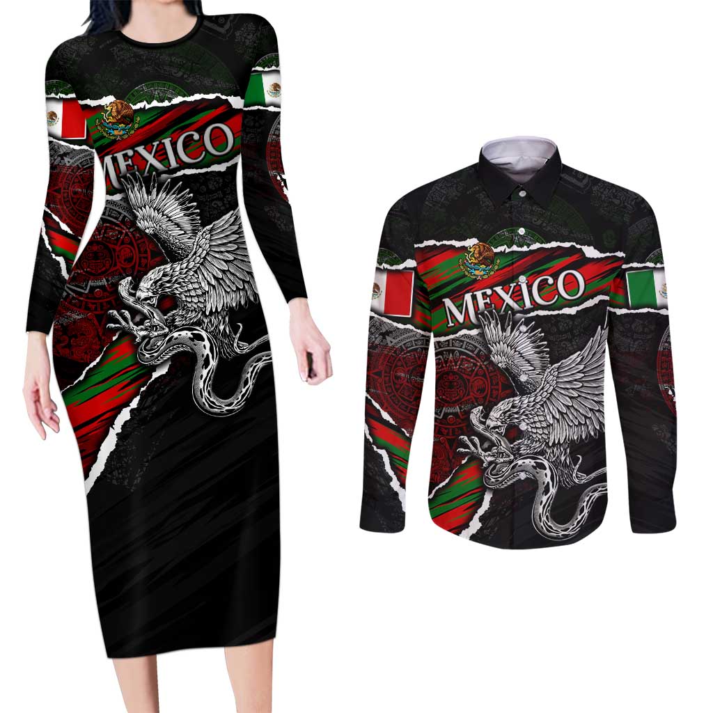 Eagle Snake Mexico Couples Matching Long Sleeve Bodycon Dress and Long Sleeve Button Shirt Aztec Sun Stone