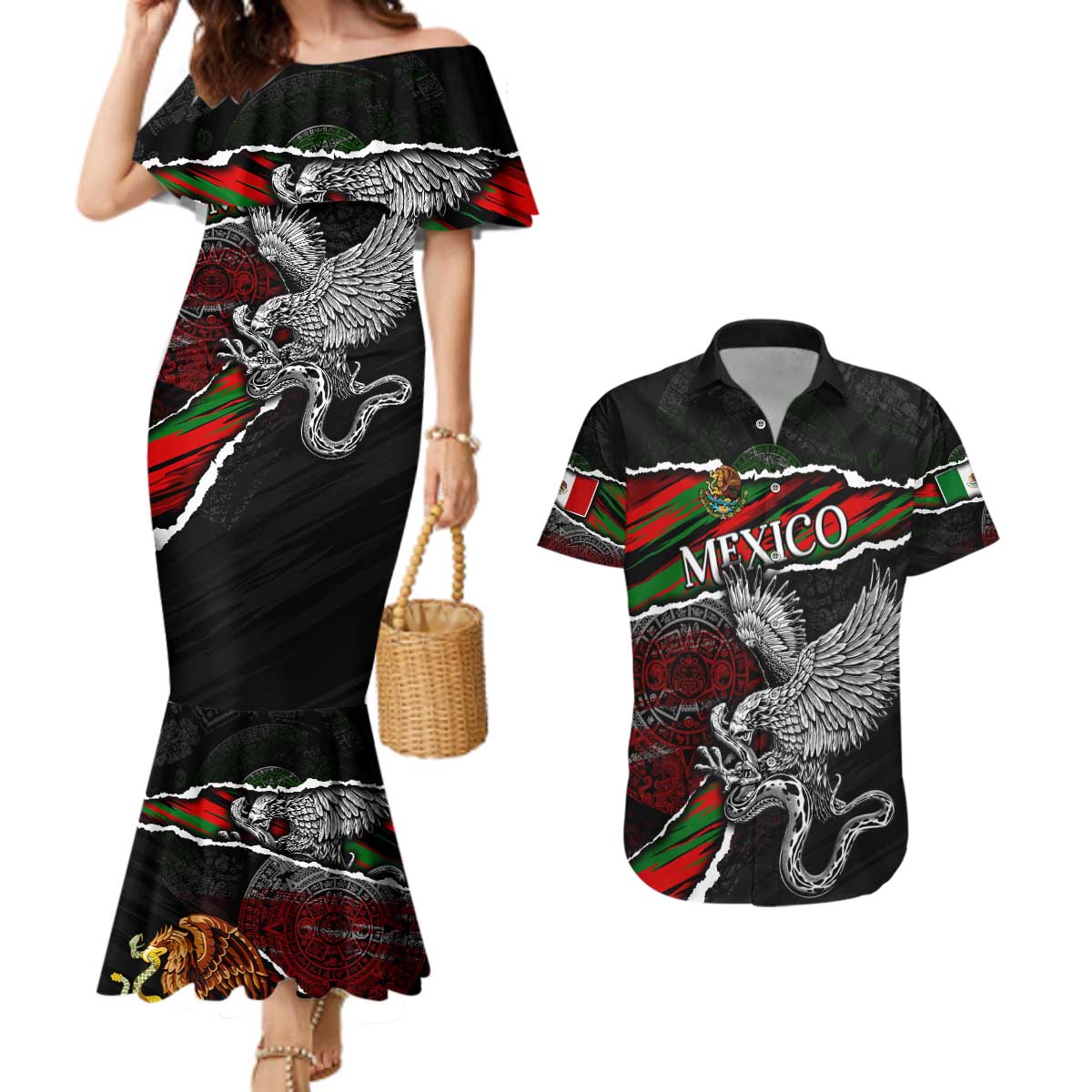 Eagle Snake Mexico Couples Matching Mermaid Dress and Hawaiian Shirt Aztec Sun Stone