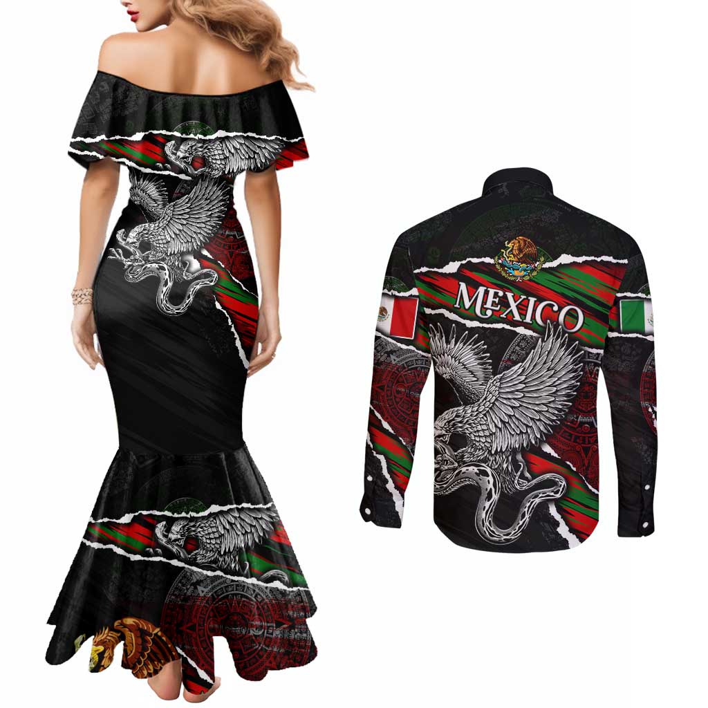 Eagle Snake Mexico Couples Matching Mermaid Dress and Long Sleeve Button Shirt Aztec Sun Stone