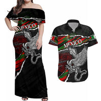 Eagle Snake Mexico Couples Matching Off Shoulder Maxi Dress and Hawaiian Shirt Aztec Sun Stone