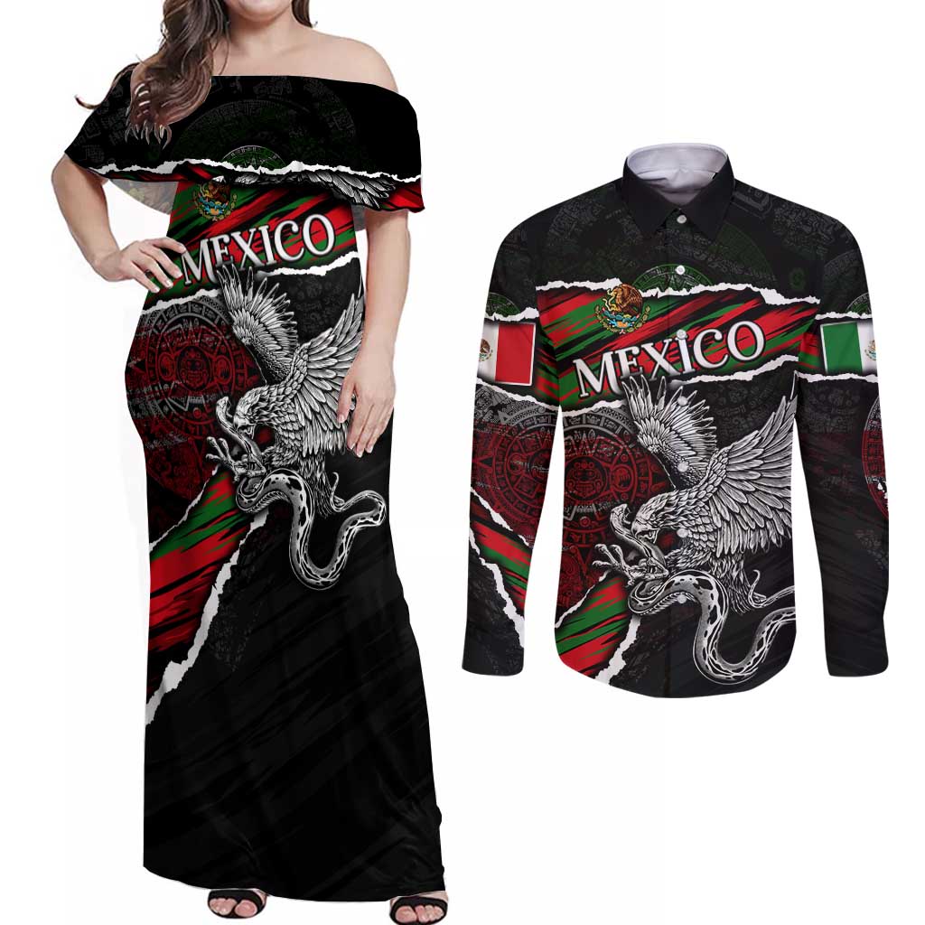 Eagle Snake Mexico Couples Matching Off Shoulder Maxi Dress and Long Sleeve Button Shirt Aztec Sun Stone