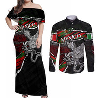 Eagle Snake Mexico Couples Matching Off Shoulder Maxi Dress and Long Sleeve Button Shirt Aztec Sun Stone