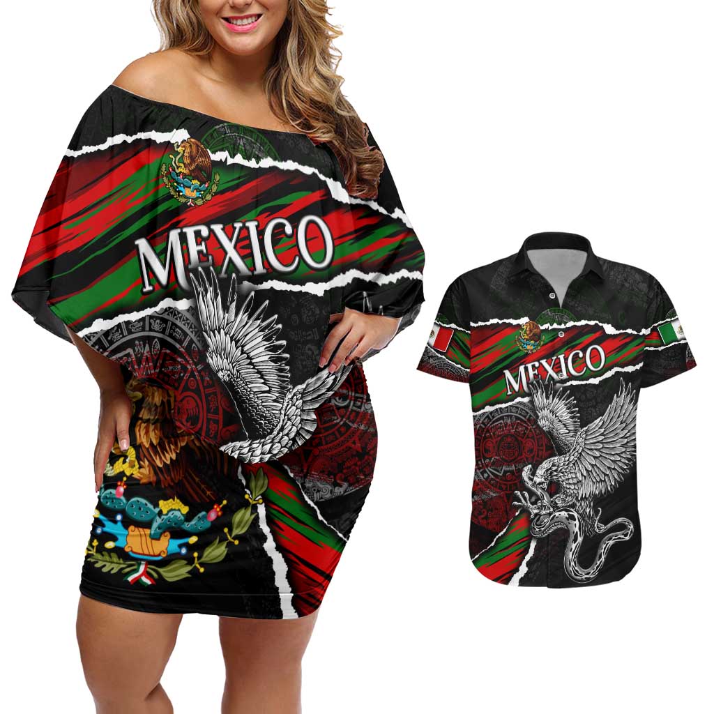 Eagle Snake Mexico Couples Matching Off Shoulder Short Dress and Hawaiian Shirt Aztec Sun Stone