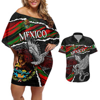 Eagle Snake Mexico Couples Matching Off Shoulder Short Dress and Hawaiian Shirt Aztec Sun Stone