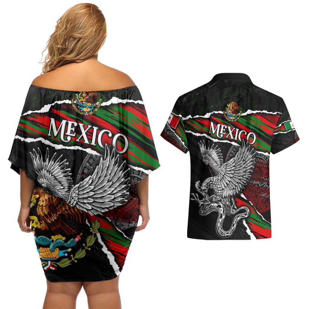 Eagle Snake Mexico Couples Matching Off Shoulder Short Dress and Hawaiian Shirt Aztec Sun Stone