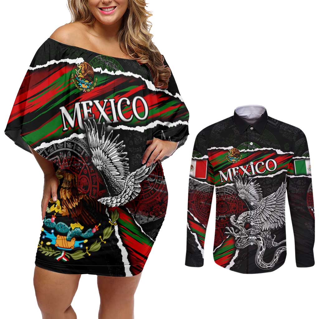 Eagle Snake Mexico Couples Matching Off Shoulder Short Dress and Long Sleeve Button Shirt Aztec Sun Stone