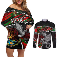 Eagle Snake Mexico Couples Matching Off Shoulder Short Dress and Long Sleeve Button Shirt Aztec Sun Stone