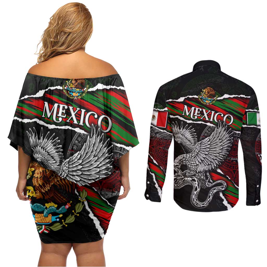 Eagle Snake Mexico Couples Matching Off Shoulder Short Dress and Long Sleeve Button Shirt Aztec Sun Stone