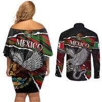 Eagle Snake Mexico Couples Matching Off Shoulder Short Dress and Long Sleeve Button Shirt Aztec Sun Stone