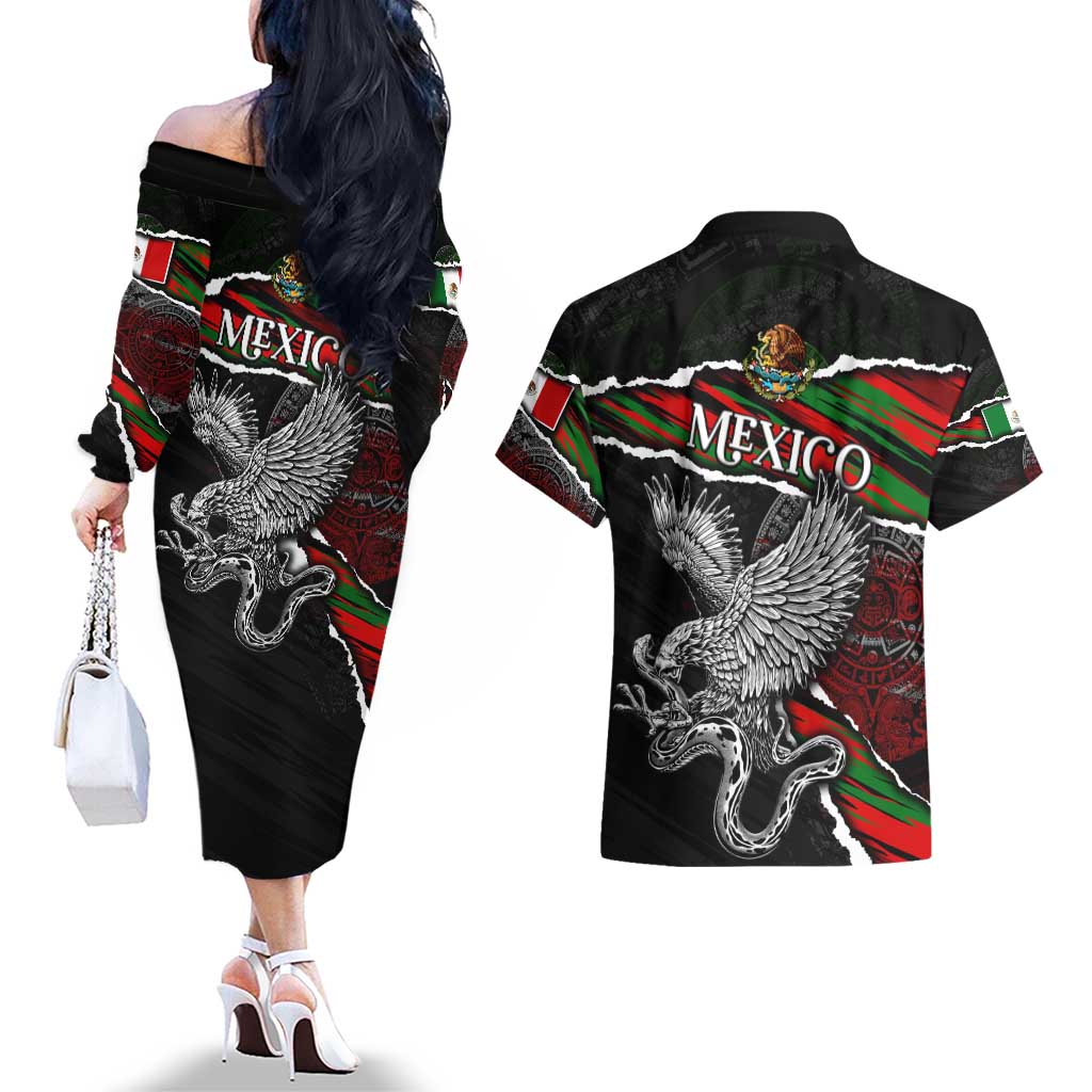 Eagle Snake Mexico Couples Matching Off The Shoulder Long Sleeve Dress and Hawaiian Shirt Aztec Sun Stone