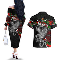 Eagle Snake Mexico Couples Matching Off The Shoulder Long Sleeve Dress and Hawaiian Shirt Aztec Sun Stone