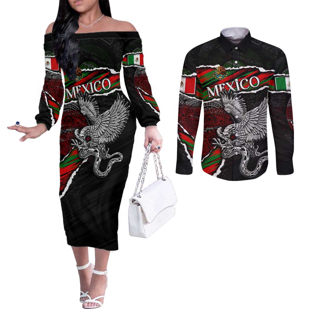 Eagle Snake Mexico Couples Matching Off The Shoulder Long Sleeve Dress and Long Sleeve Button Shirt Aztec Sun Stone