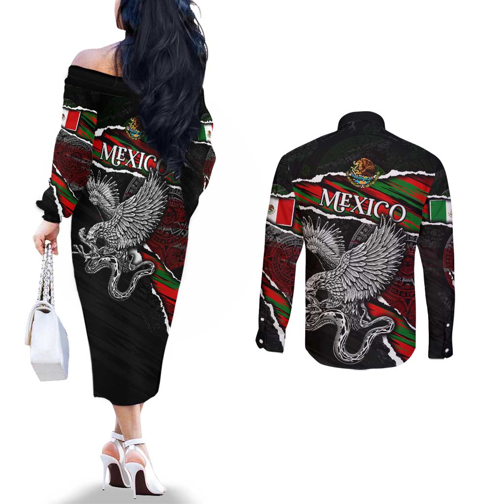 Eagle Snake Mexico Couples Matching Off The Shoulder Long Sleeve Dress and Long Sleeve Button Shirt Aztec Sun Stone