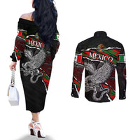 Eagle Snake Mexico Couples Matching Off The Shoulder Long Sleeve Dress and Long Sleeve Button Shirt Aztec Sun Stone