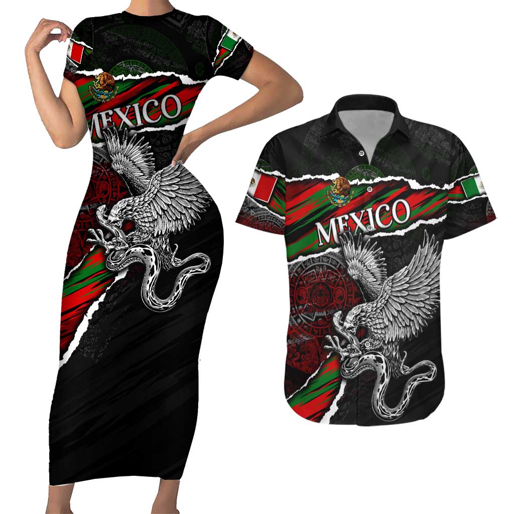 Eagle Snake Mexico Couples Matching Short Sleeve Bodycon Dress and Hawaiian Shirt Aztec Sun Stone