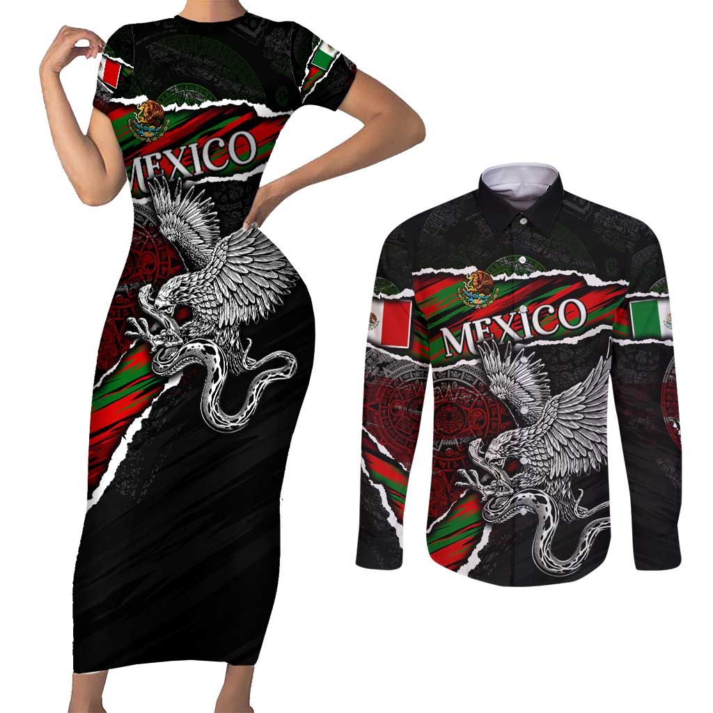 Eagle Snake Mexico Couples Matching Short Sleeve Bodycon Dress and Long Sleeve Button Shirt Aztec Sun Stone