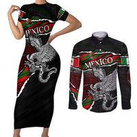 Eagle Snake Mexico Couples Matching Short Sleeve Bodycon Dress and Long Sleeve Button Shirt Aztec Sun Stone