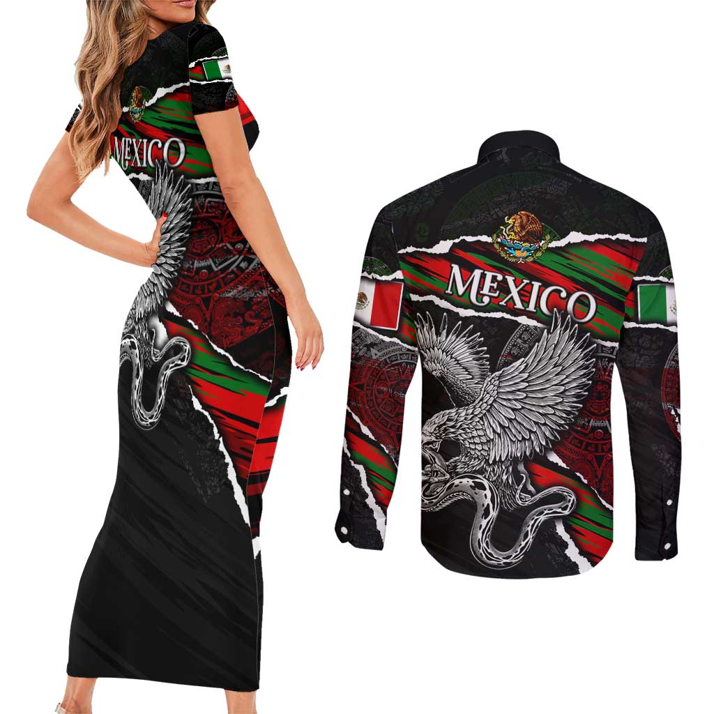 Eagle Snake Mexico Couples Matching Short Sleeve Bodycon Dress and Long Sleeve Button Shirt Aztec Sun Stone