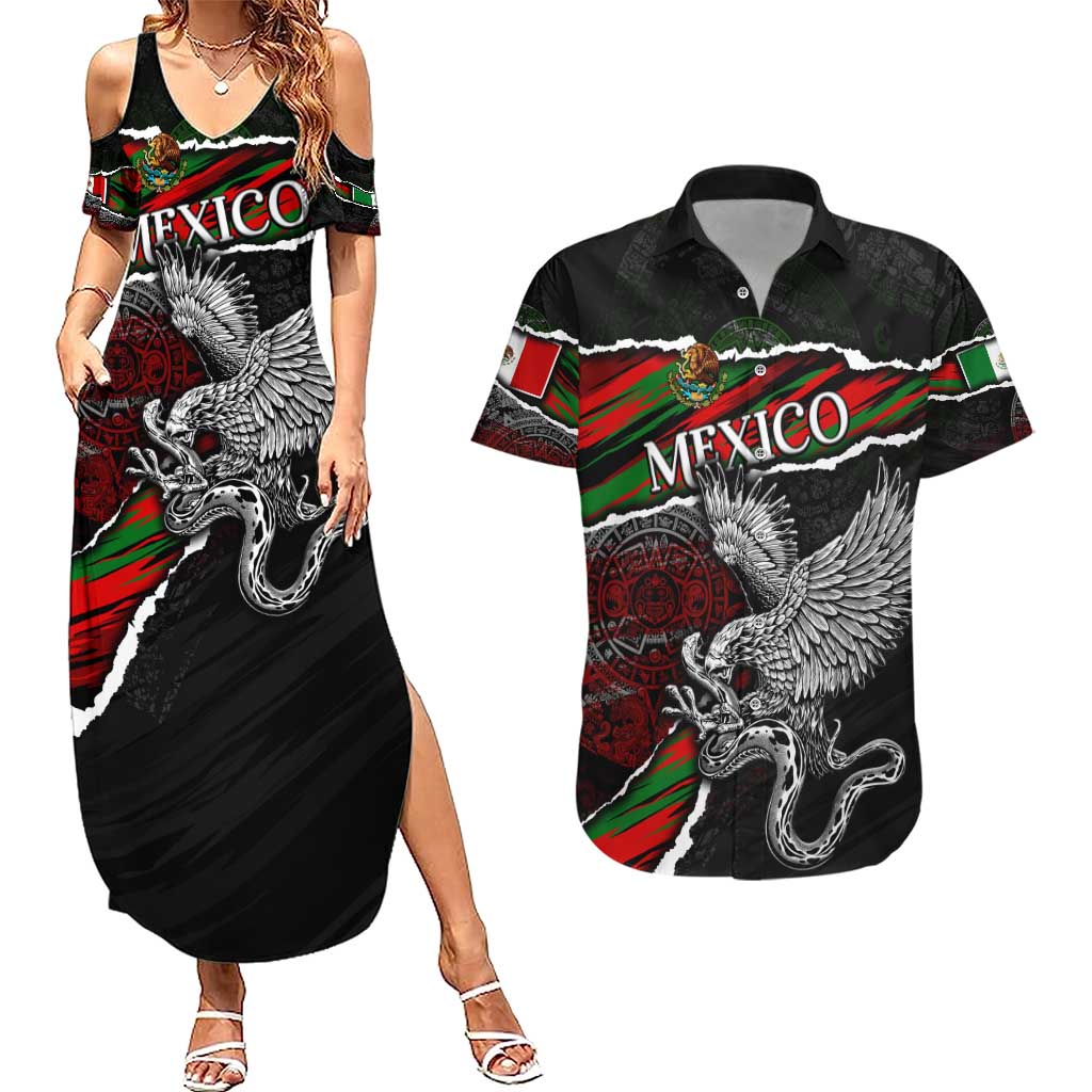 Eagle Snake Mexico Couples Matching Summer Maxi Dress and Hawaiian Shirt Aztec Sun Stone