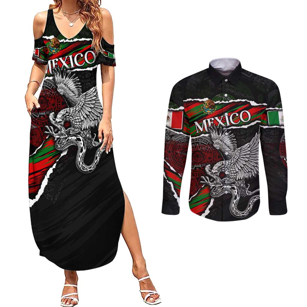 Eagle Snake Mexico Couples Matching Summer Maxi Dress and Long Sleeve Button Shirt Aztec Sun Stone