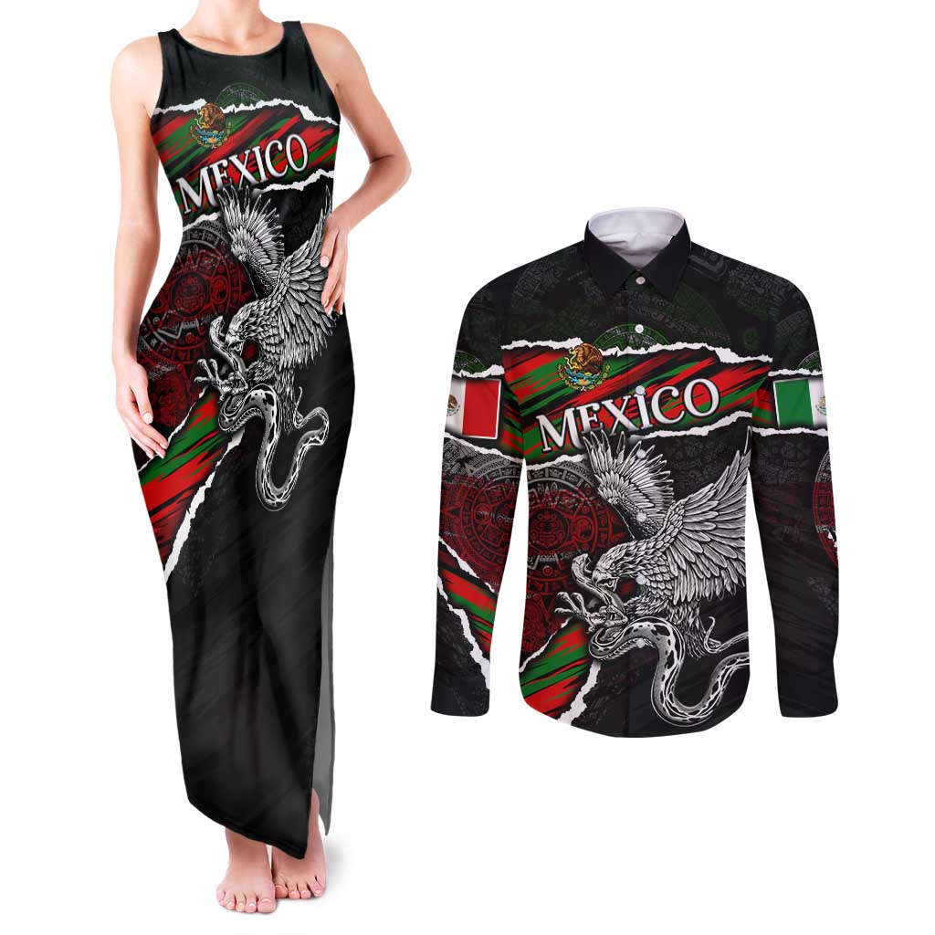 Eagle Snake Mexico Couples Matching Tank Maxi Dress and Long Sleeve Button Shirt Aztec Sun Stone
