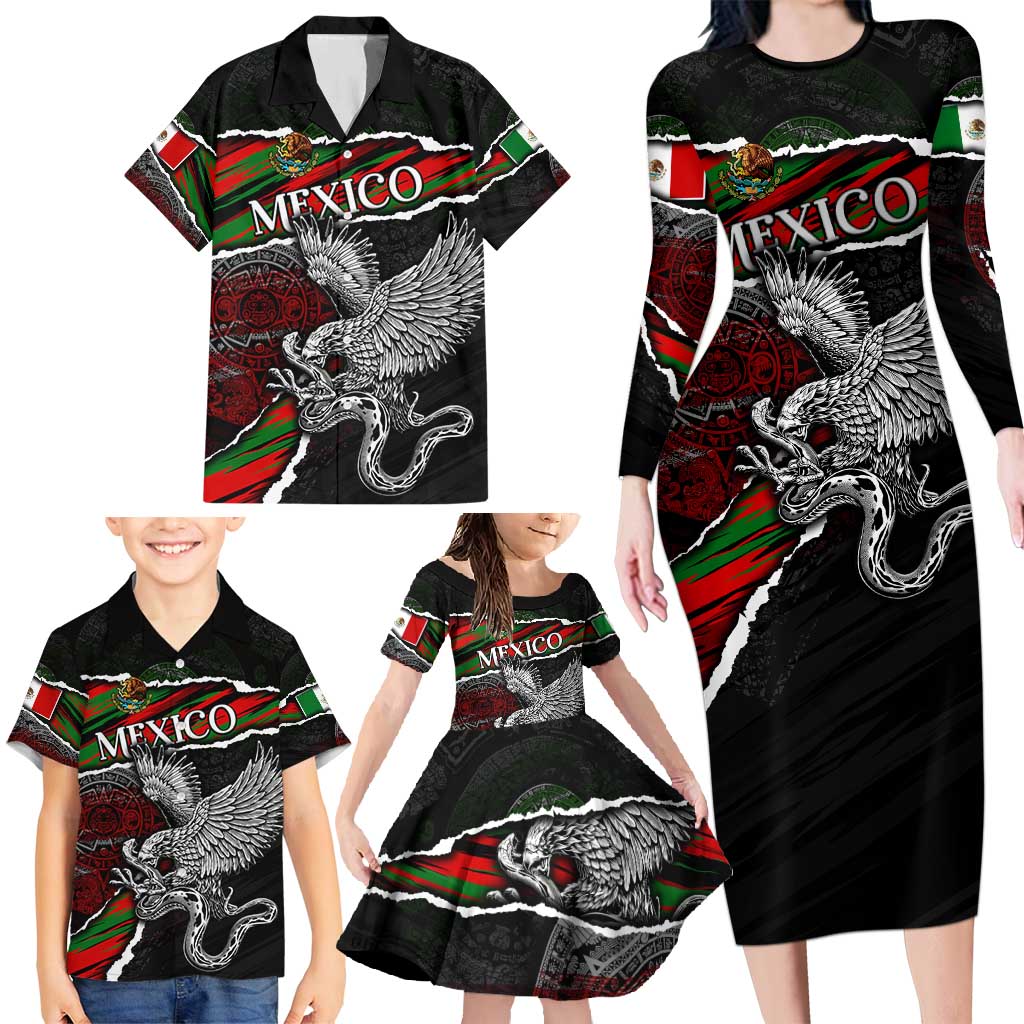 Eagle Snake Mexico Family Matching Long Sleeve Bodycon Dress and Hawaiian Shirt Aztec Sun Stone
