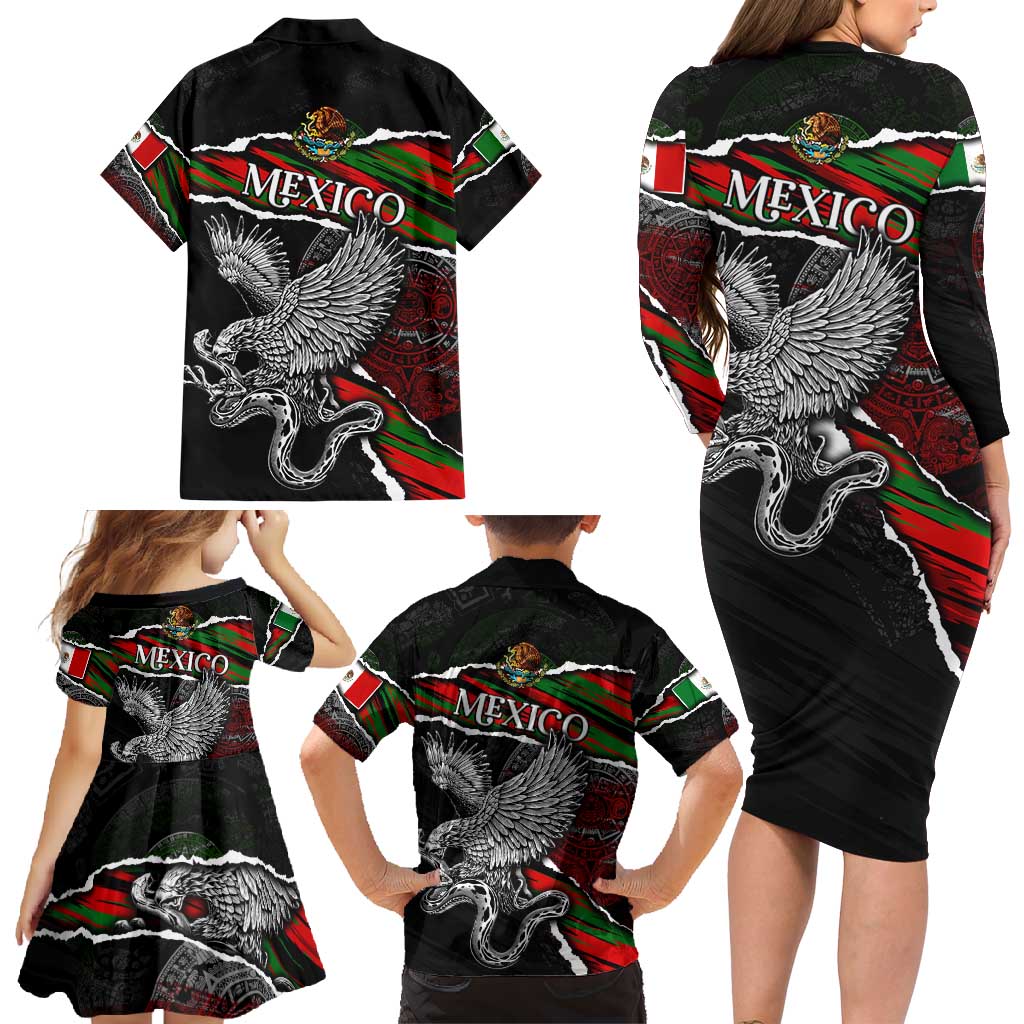 Eagle Snake Mexico Family Matching Long Sleeve Bodycon Dress and Hawaiian Shirt Aztec Sun Stone