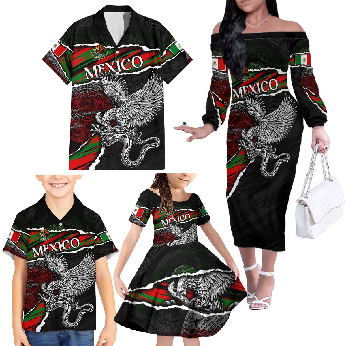 Eagle Snake Mexico Family Matching Off The Shoulder Long Sleeve Dress and Hawaiian Shirt Aztec Sun Stone