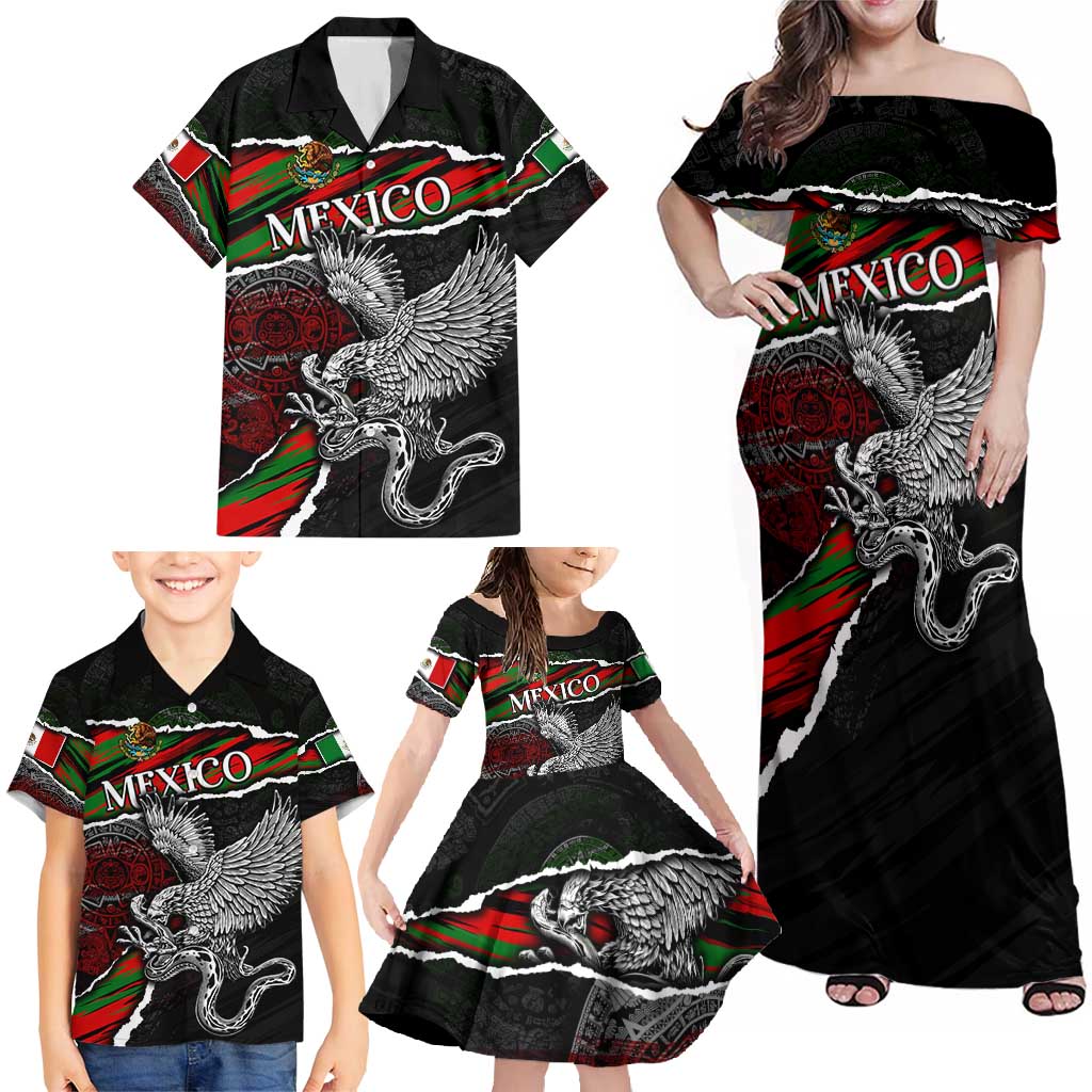 Eagle Snake Mexico Family Matching Off Shoulder Maxi Dress and Hawaiian Shirt Aztec Sun Stone
