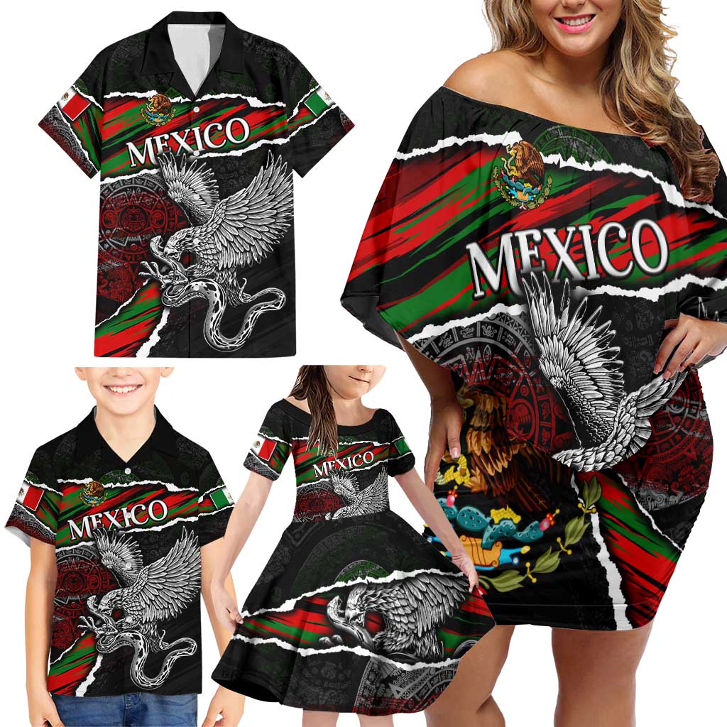 Eagle Snake Mexico Family Matching Off Shoulder Short Dress and Hawaiian Shirt Aztec Sun Stone