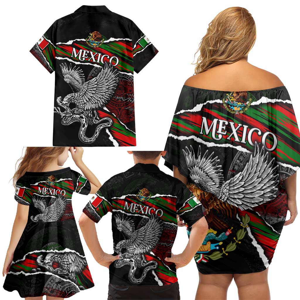 Eagle Snake Mexico Family Matching Off Shoulder Short Dress and Hawaiian Shirt Aztec Sun Stone