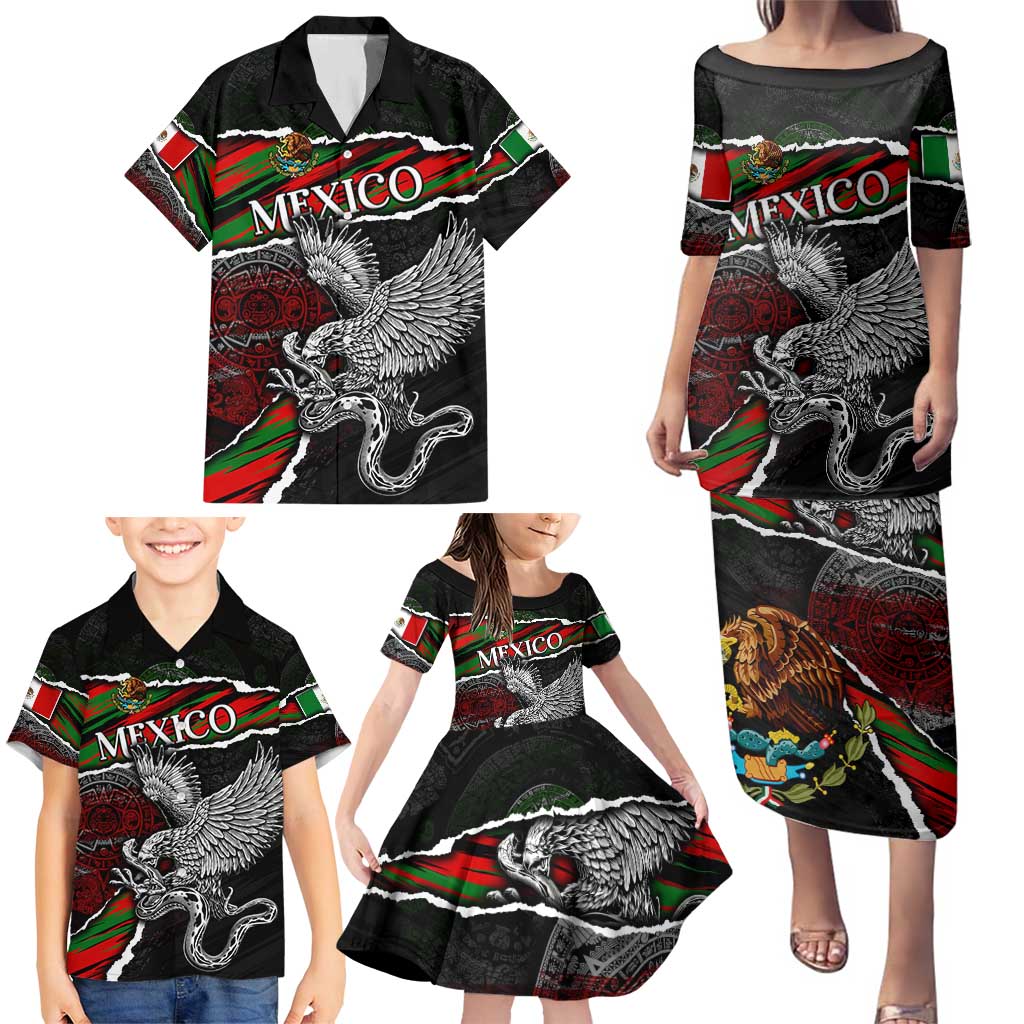 Eagle Snake Mexico Family Matching Puletasi and Hawaiian Shirt Aztec Sun Stone