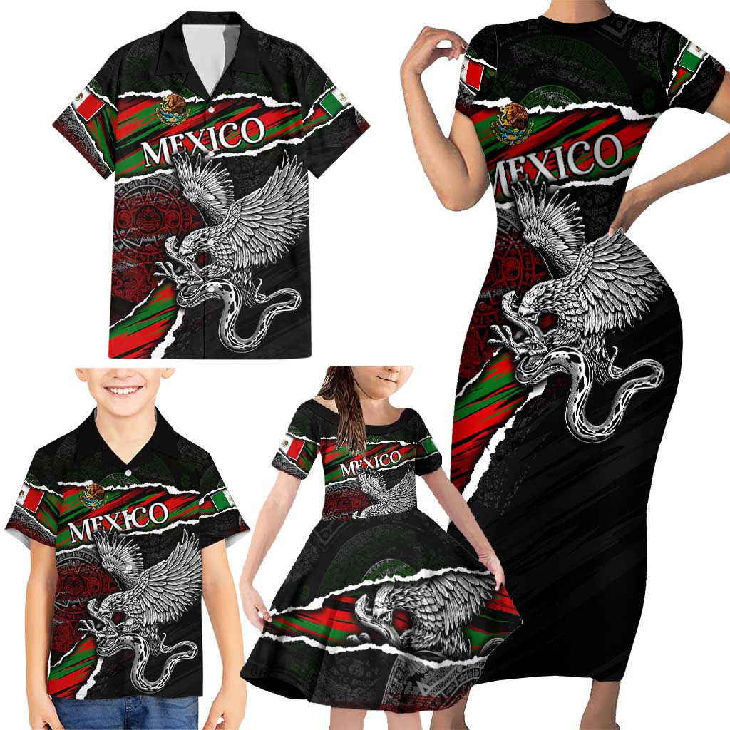 Eagle Snake Mexico Family Matching Short Sleeve Bodycon Dress and Hawaiian Shirt Aztec Sun Stone