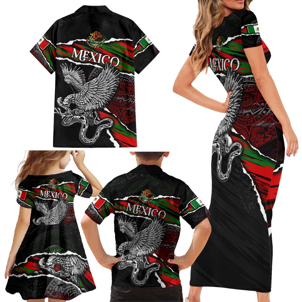 Eagle Snake Mexico Family Matching Short Sleeve Bodycon Dress and Hawaiian Shirt Aztec Sun Stone