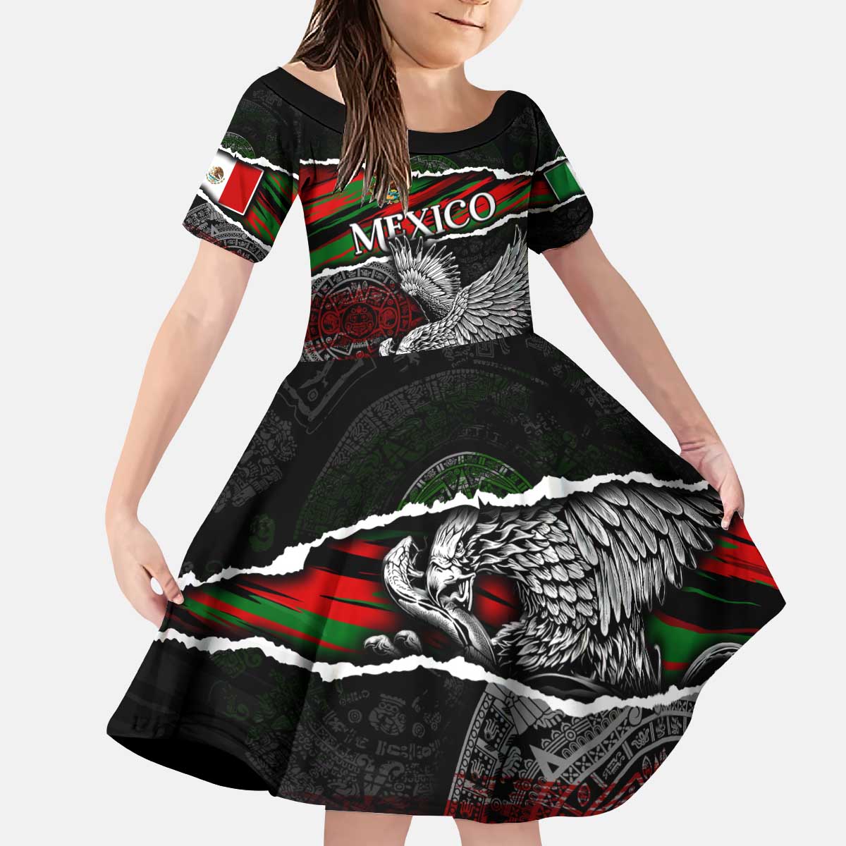 Eagle Snake Mexico Kid Short Sleeve Dress Aztec Sun Stone