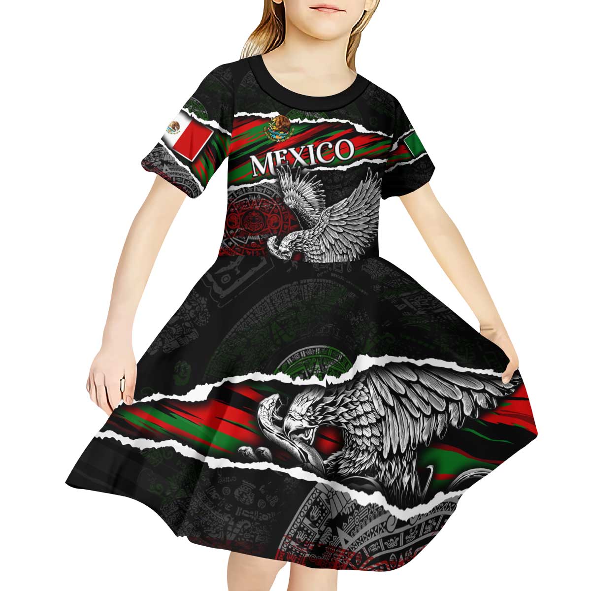 Eagle Snake Mexico Kid Short Sleeve Dress Aztec Sun Stone