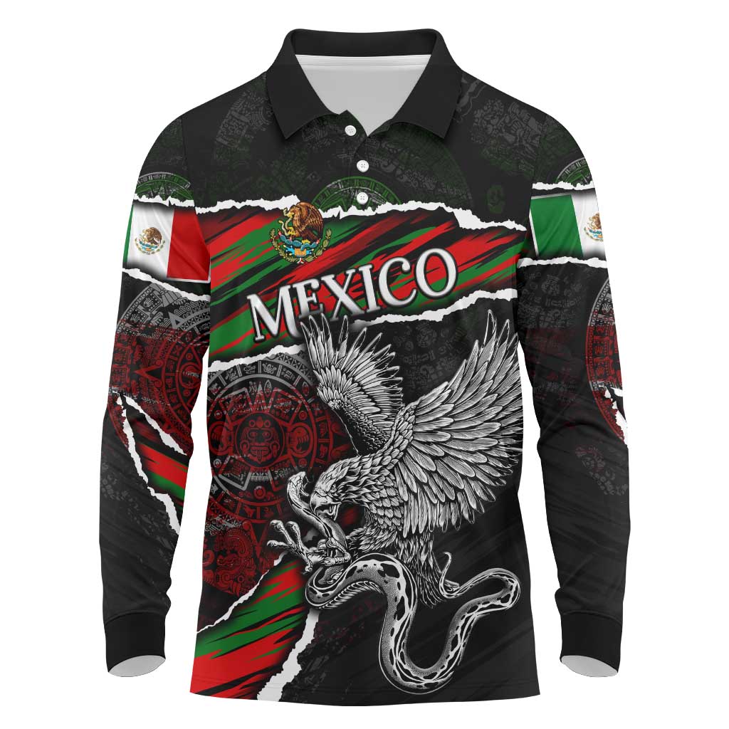 Eagle Snake Mexico Long Sleeve Polo Shirt Aztec Sun Stone