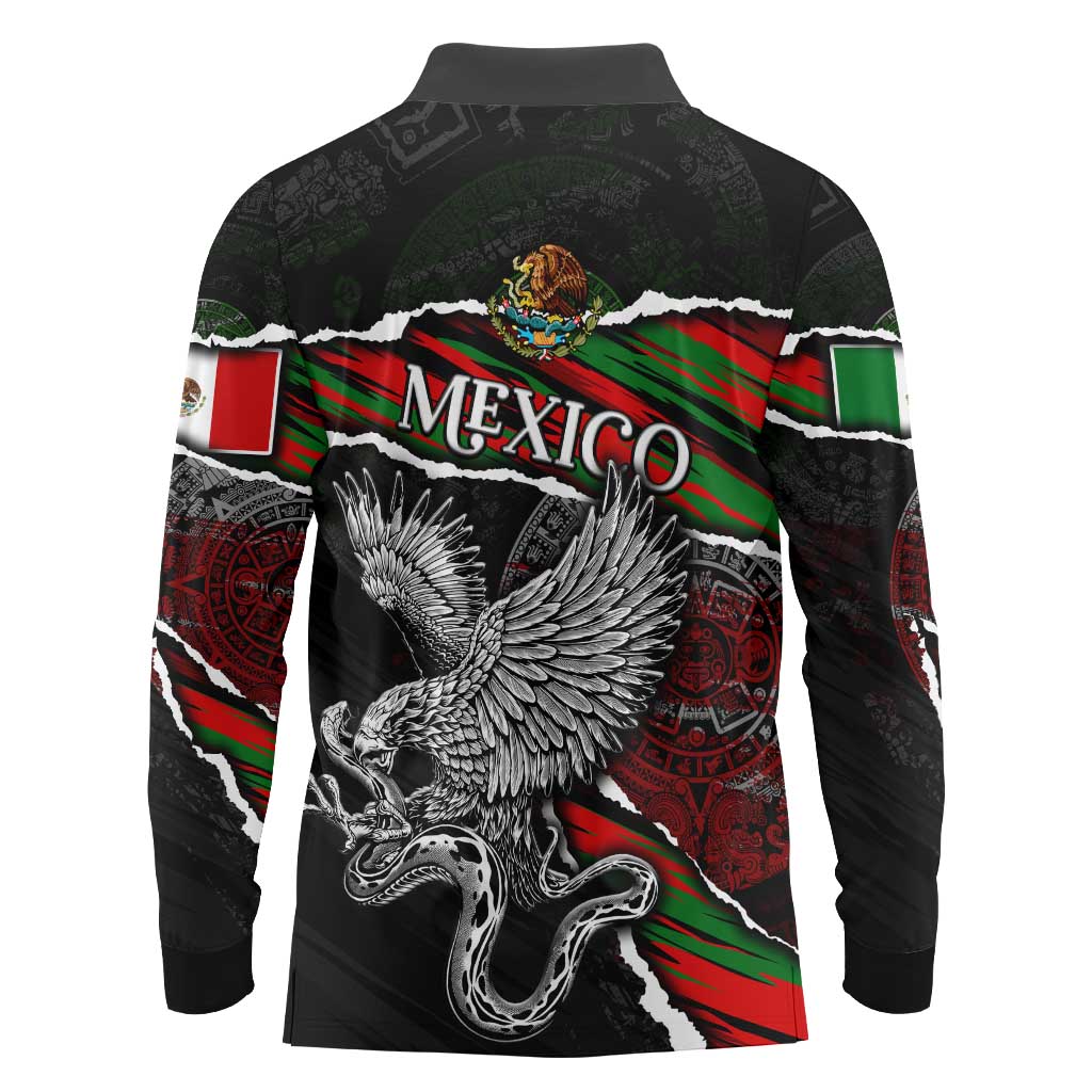Eagle Snake Mexico Long Sleeve Polo Shirt Aztec Sun Stone