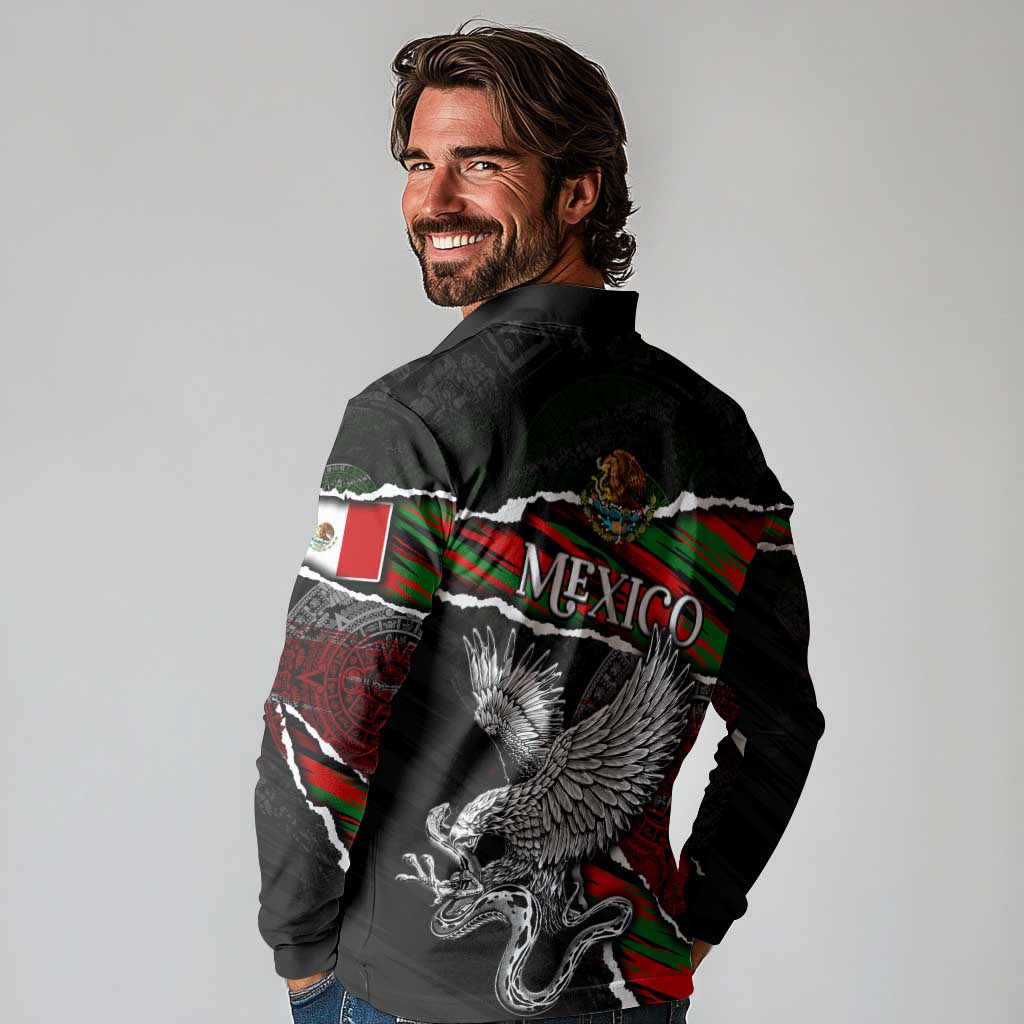 Eagle Snake Mexico Long Sleeve Polo Shirt Aztec Sun Stone