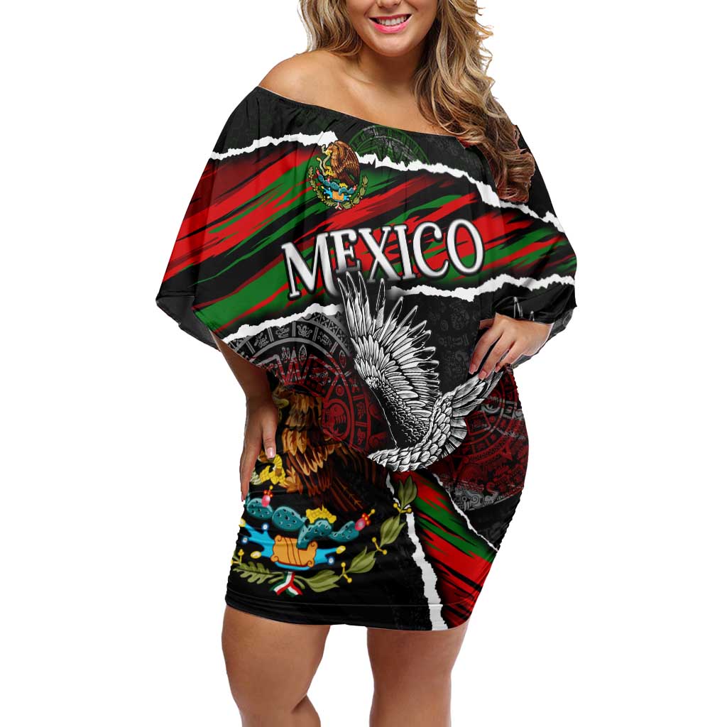 Eagle Snake Mexico Off Shoulder Short Dress Aztec Sun Stone