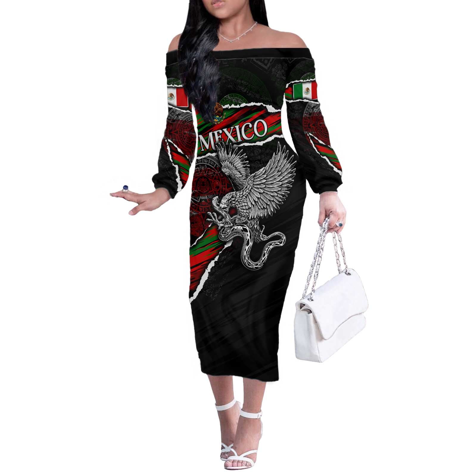 Eagle Snake Mexico Off The Shoulder Long Sleeve Dress Aztec Sun Stone