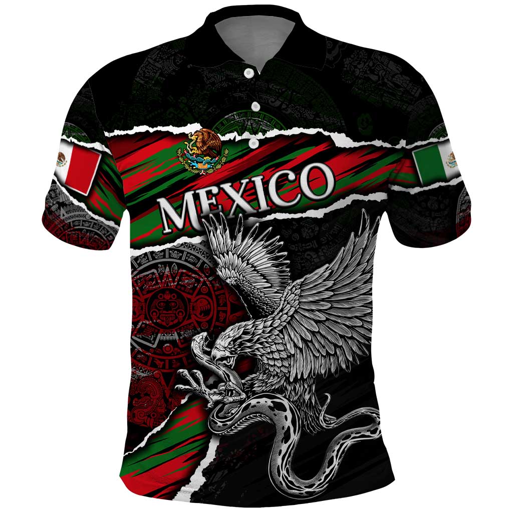 Eagle Snake Mexico Polo Shirt Aztec Sun Stone