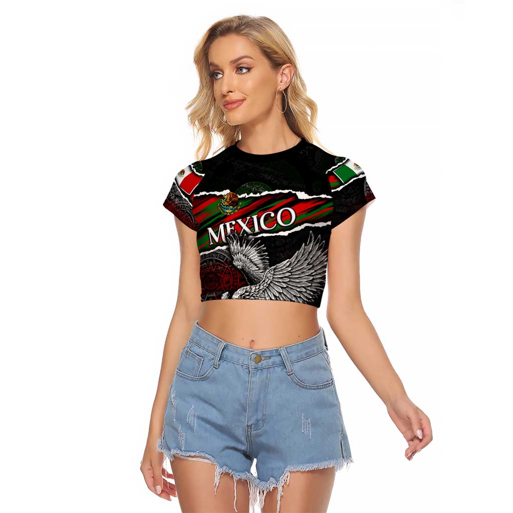 Eagle Snake Mexico Raglan Cropped T Shirt Aztec Sun Stone