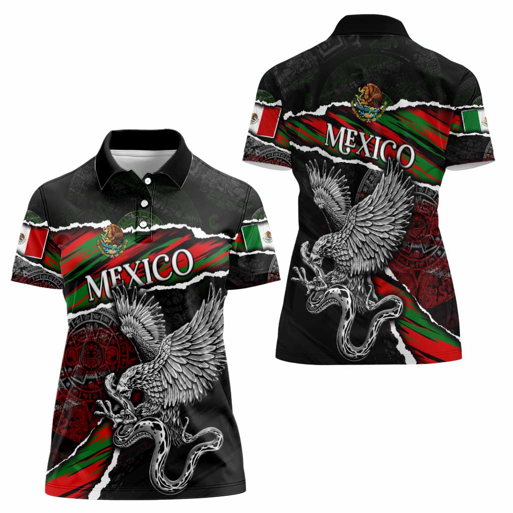 Eagle Snake Mexico Women Polo Shirt Aztec Sun Stone