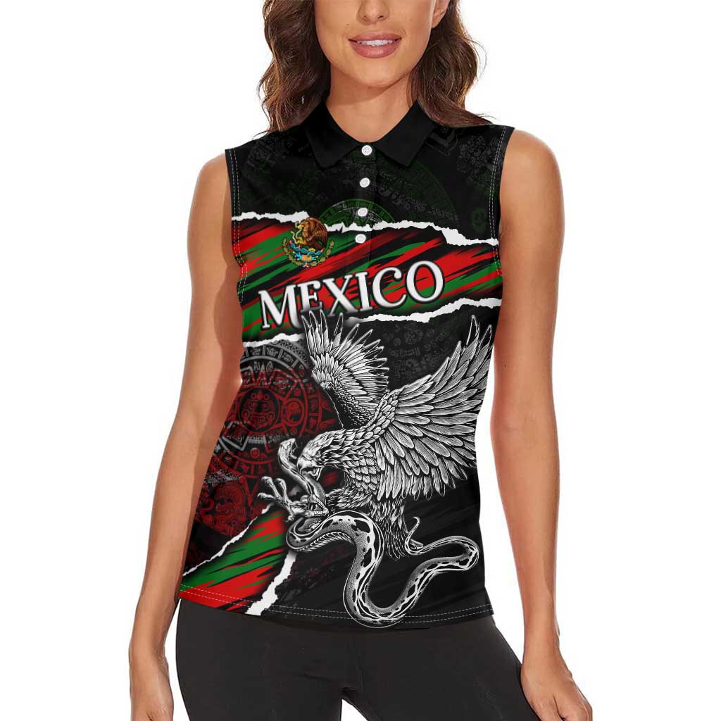 Eagle Snake Mexico Women Sleeveless Polo Shirt Aztec Sun Stone