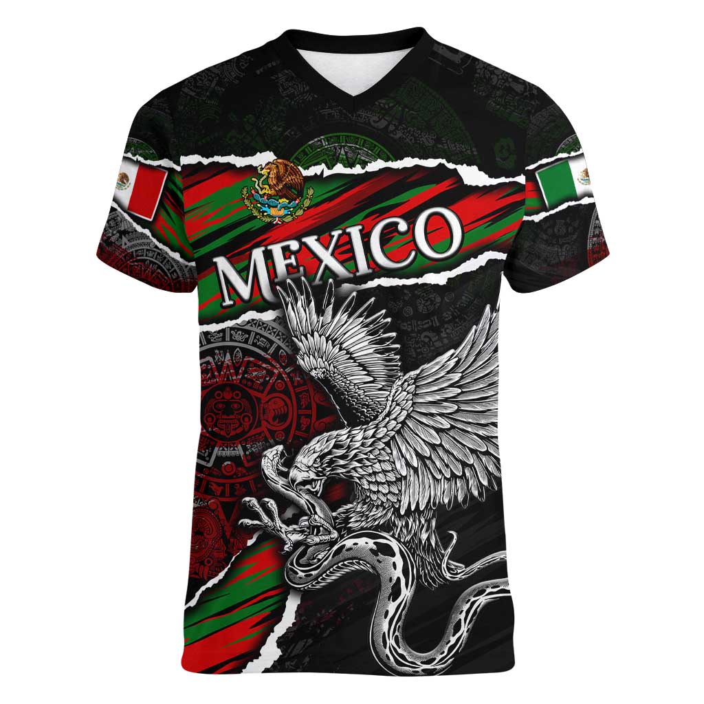 Eagle Snake Mexico Women V-Neck T-Shirt Aztec Sun Stone